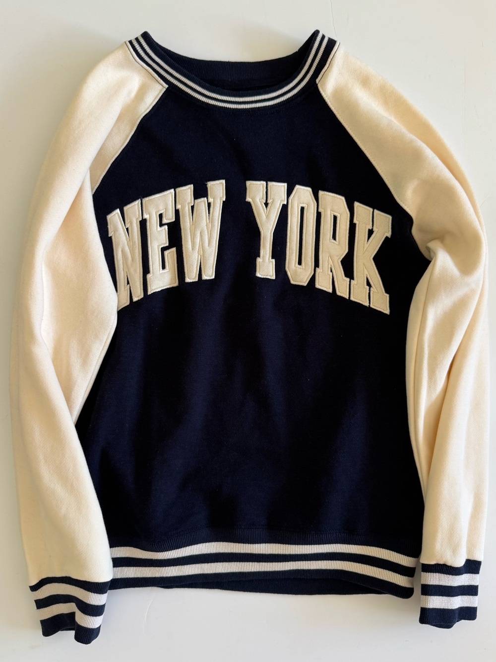 NEW YORK Two-Tone Navy and Cream Raglan Crew Sweater